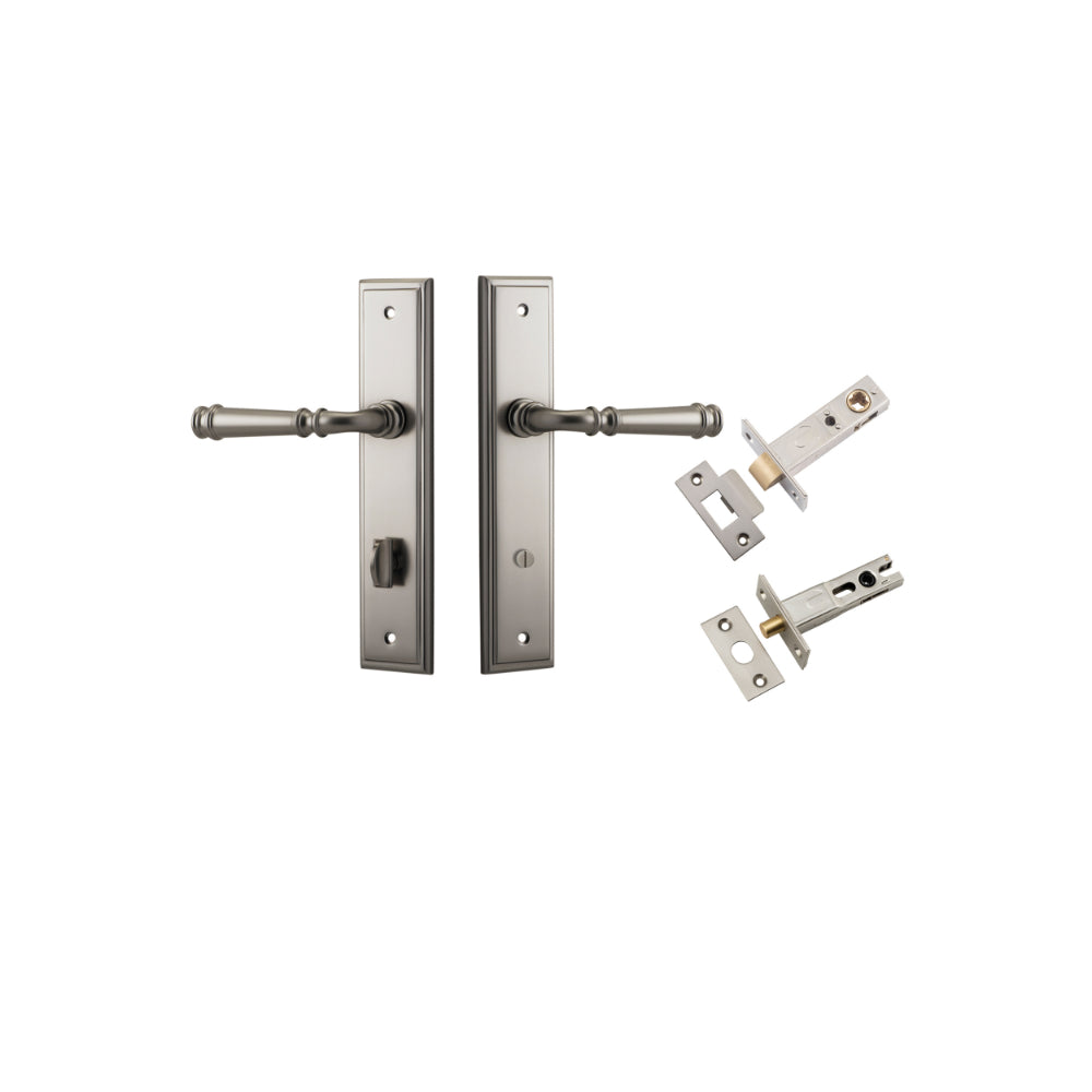 Door Lever Verona Stepped Privacy Satin Nickel CTC85mm H240xW50xP59mm Inbuilt Privacy Kit Tube Latch Split Cam 'T' Striker Satin Nickel Backset 60mm, Privacy Bolt Round Bolt Satin Nickel Backset 60mm in Satin Nickel