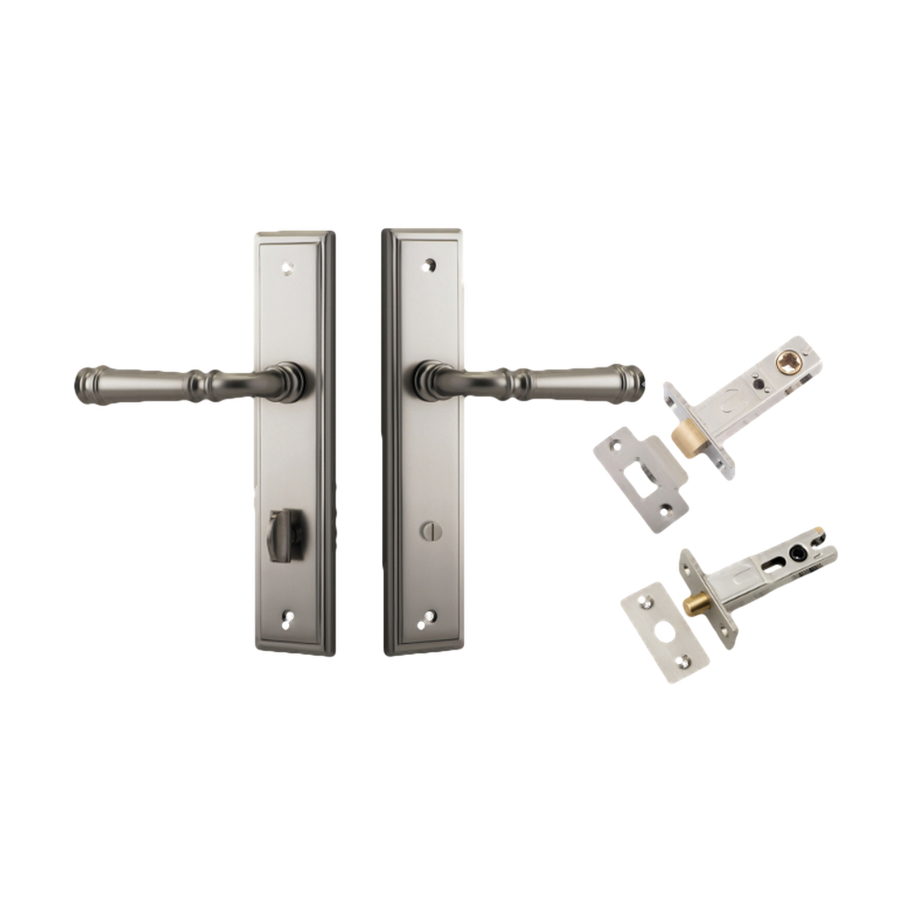 Door Lever Verona Stepped Privacy Satin Nickel CTC85mm H240xW50xP59mm Inbuilt Privacy Kit Tube Latch Split Cam 'T' Striker Satin Nickel Backset 60mm, Privacy Bolt Round Bolt Satin Nickel Backset 60mm in Satin Nickel