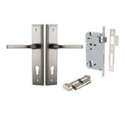Pair of Iver Annecy lever door handles with stepped backplate, featuring modern brushed nickel finish and sleek design.