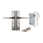 Door Lever Annecy Stepped Euro Satin Nickel CTC85mm H240xW50xP65mm Entrance Kit Mortice Lock Euro Satin Nickel CTC85mm Backset 60mm, Euro Cylinder Key Thumb 6 Pin Satin Nickel L70mm KA1 in Satin Nickel