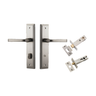Door Lever Annecy Stepped Privacy Satin Nickel CTC85mm H240xW50xP65mm Inbuilt Privacy Kit Tube Latch Split Cam 'T' Striker Satin Nickel Backset 60mm, Privacy Bolt Round Bolt Satin Nickel Backset 60mm in Satin Nickel