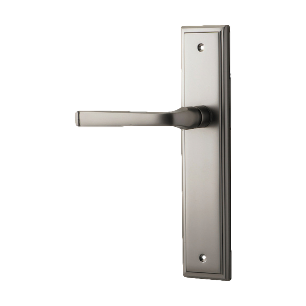 Door Lever Annecy Stepped Latch Left Hand Fixed Satin Nickel L117xP66mm BPH237xW50mm in Satin Nickel