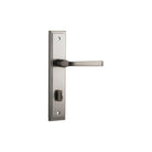 Pair of Iver Annecy lever handles on stepped backplates, featuring polished metal finish and elegant design.