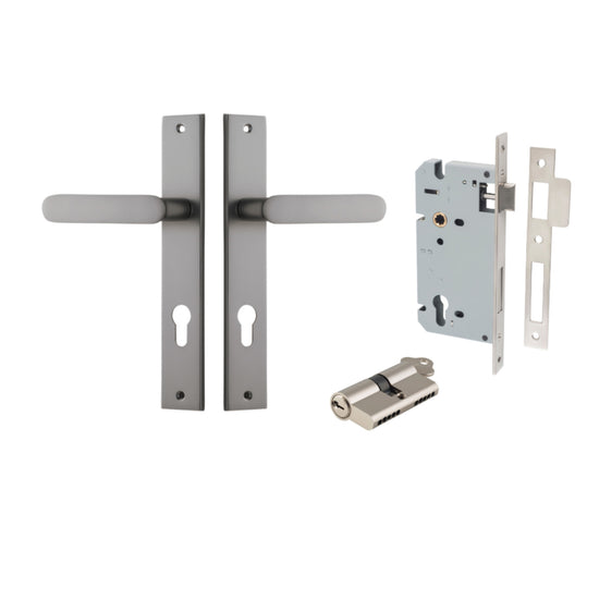 Door Lever Bronte Rectangular Euro Pair Satin Nickel CTC85mm L117xP53mm BPH240xW38mm, Mortice Lock Euro Satin Nickel CTC85mm Backset 60mm, Euro Cylinder Dual Function 5 Pin Satin Nickel 65mm KA4 in Satin Nickel