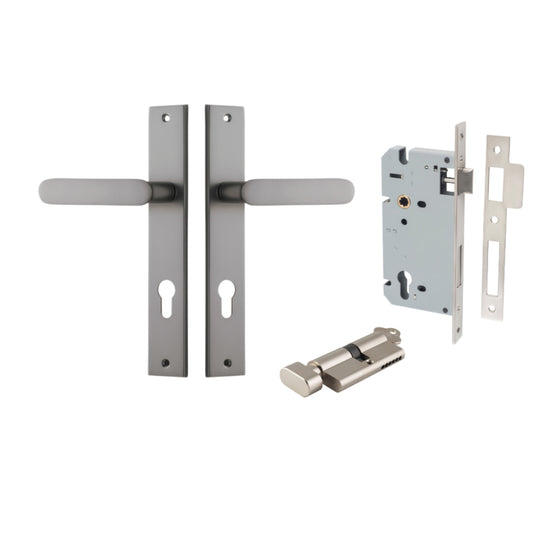 Door Lever Bronte Rectangular Euro Pair Satin Nickel CTC85mm L117xP53mm BPH240xW38mm, Mortice Lock Euro Satin Nickel CTC85mm Backset 60mm, Euro Cylinder Key Thumb 5 Pin Satin Nickel 65mm KA4 in Satin Nickel