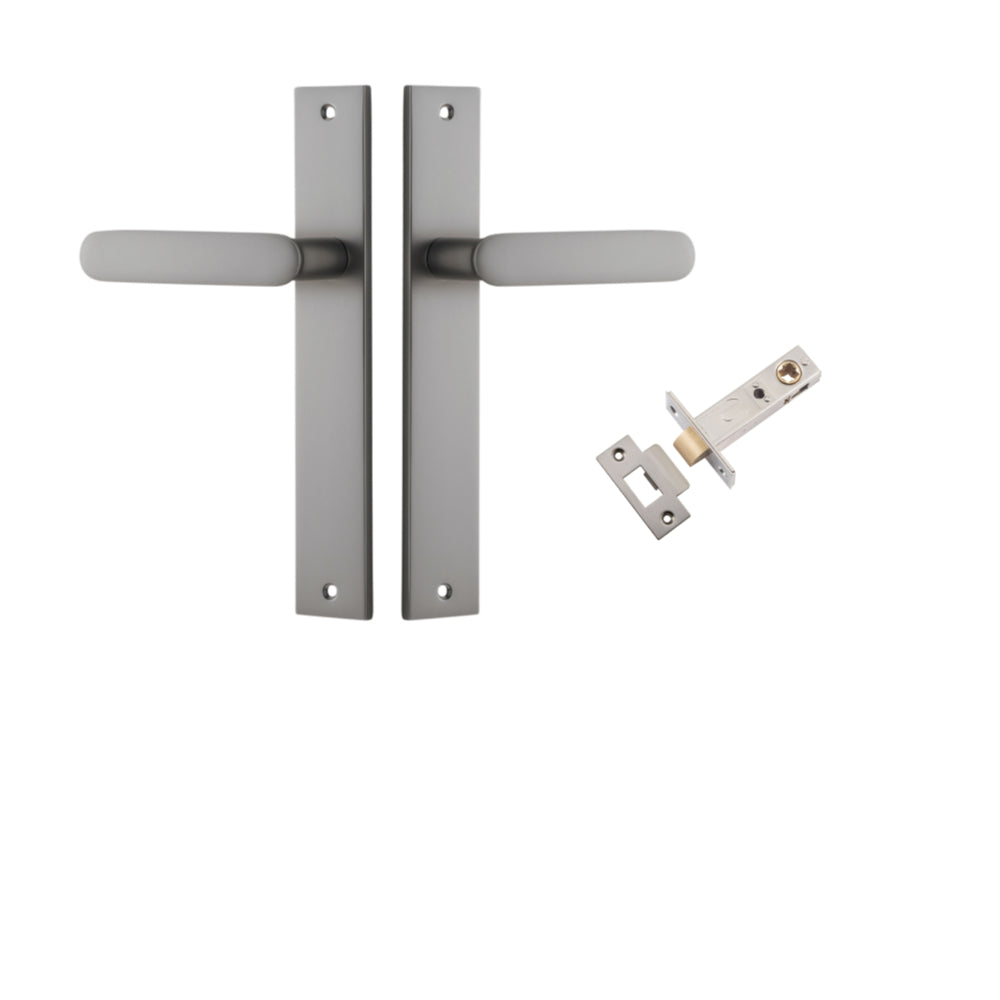 Door Lever Bronte on Long Backplate Satin Nickel L117xP53mm BPH240xW38mm Passage Kit, Tube Latch Split Cam 'T' Striker Satin Nickel Backset 60mm in Satin Nickel