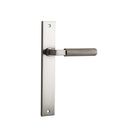 Pair of Iver Brunswick lever door handles on rectangular backplates, featuring a sleek, modern design in a brushed finish.