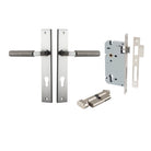 Pair of Iver Brunswick lever door handles on rectangular backplates, featuring a sleek, modern design in a polished finish.