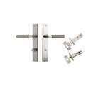 Pair of Iver Brunswick lever door handles on rectangular backplates, showcasing sleek black finish and modern design for interior doors.