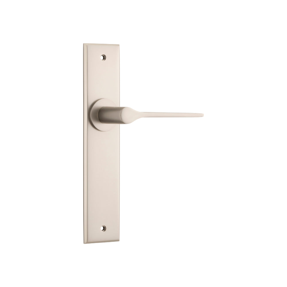 Door Lever Como Chamfered Latch Satin Nickel H240xW50xP61mm in Satin Nickel