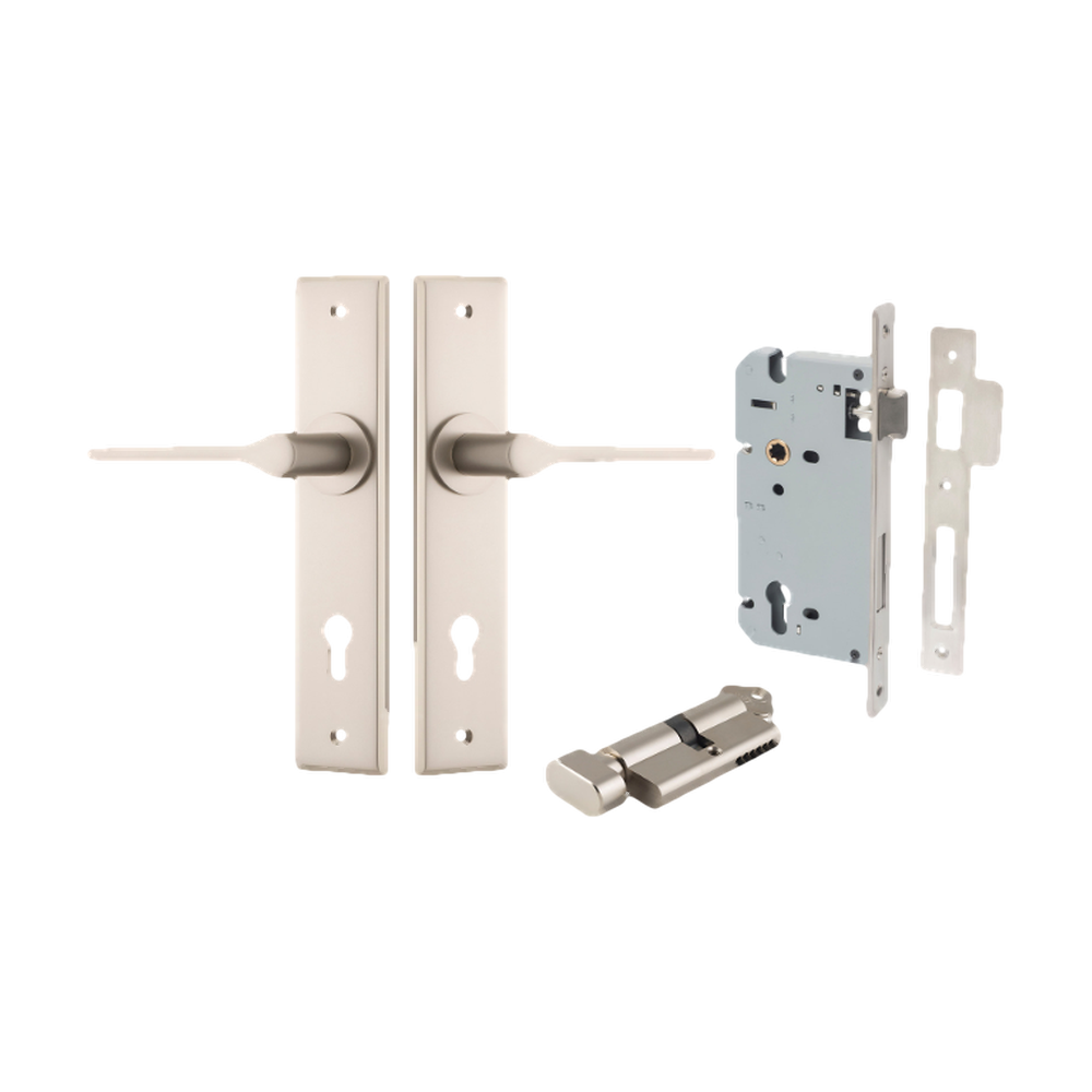 Door Lever Como Chamfered Euro Pair Satin Nickel CTC85mm L119xP61mm BPH240xW50mm Mortice Lock Euro Satin Nickel CTC85mm Backset 60mm, Euro Cylinder Key Thumb 5 Pin Satin Nickel 65mm KA4 in Satin Nickel