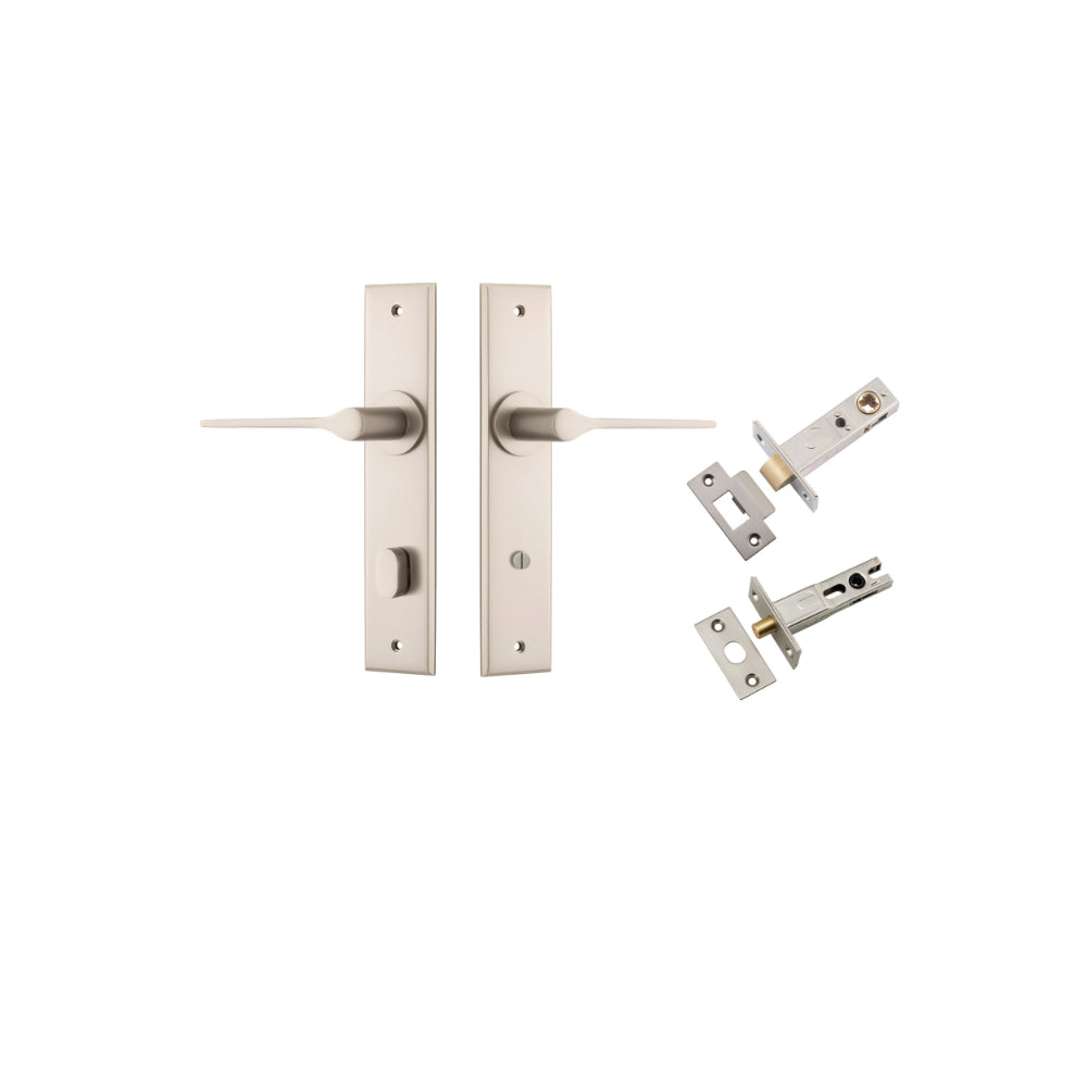 Door Lever Como Chamfered Privacy Satin Nickel CTC85mm L119xP61mm BPH240xW50mm Privacy Kit Tube Latch Split Cam 'T' Striker Satin Nickel Backset 60mm, Privacy Bolt Round Bolt Satin Nickel Backset 60mm in Satin Nickel