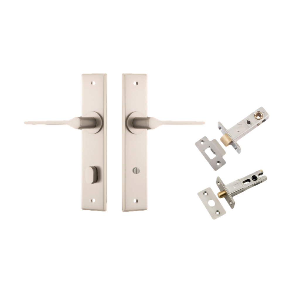 Door Lever Como Chamfered Privacy Satin Nickel CTC85mm L119xP61mm BPH240xW50mm Privacy Kit Tube Latch Split Cam 'T' Striker Satin Nickel Backset 60mm, Privacy Bolt Round Bolt Satin Nickel Backset 60mm in Satin Nickel