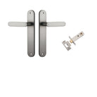 Pair of Iver Bronte lever door handles with oval backplates, featuring sleek, modern design in a polished finish.