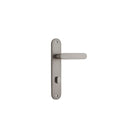 Pair of Iver Bronte lever door handles with oval backplates, featuring a sleek, modern design in a polished finish.