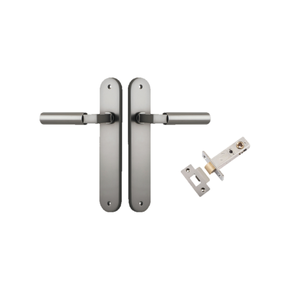 Door Lever Berlin Oval Satin Nickel L120xP57mm BPH240xW40mm Passage Kit Tube Latch Split Cam 'T' Striker Satin Nickel Backset 60mm in Satin Nickel