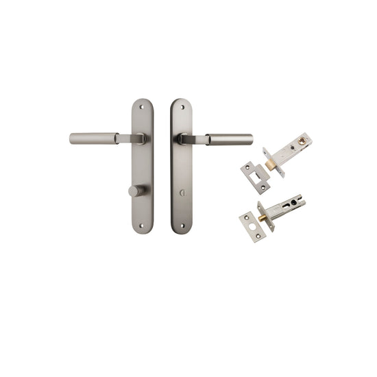 Door Lever Berlin Oval Privacy Satin Nickel CTC85mm L120xP57mm BPH240xW40mm Privacy Kit Tube Latch Split Cam 'T' Striker Satin Nickel Backset 60mm Privacy Bolt Round Bolt Satin Nickel Backset 60mm in Satin Nickel