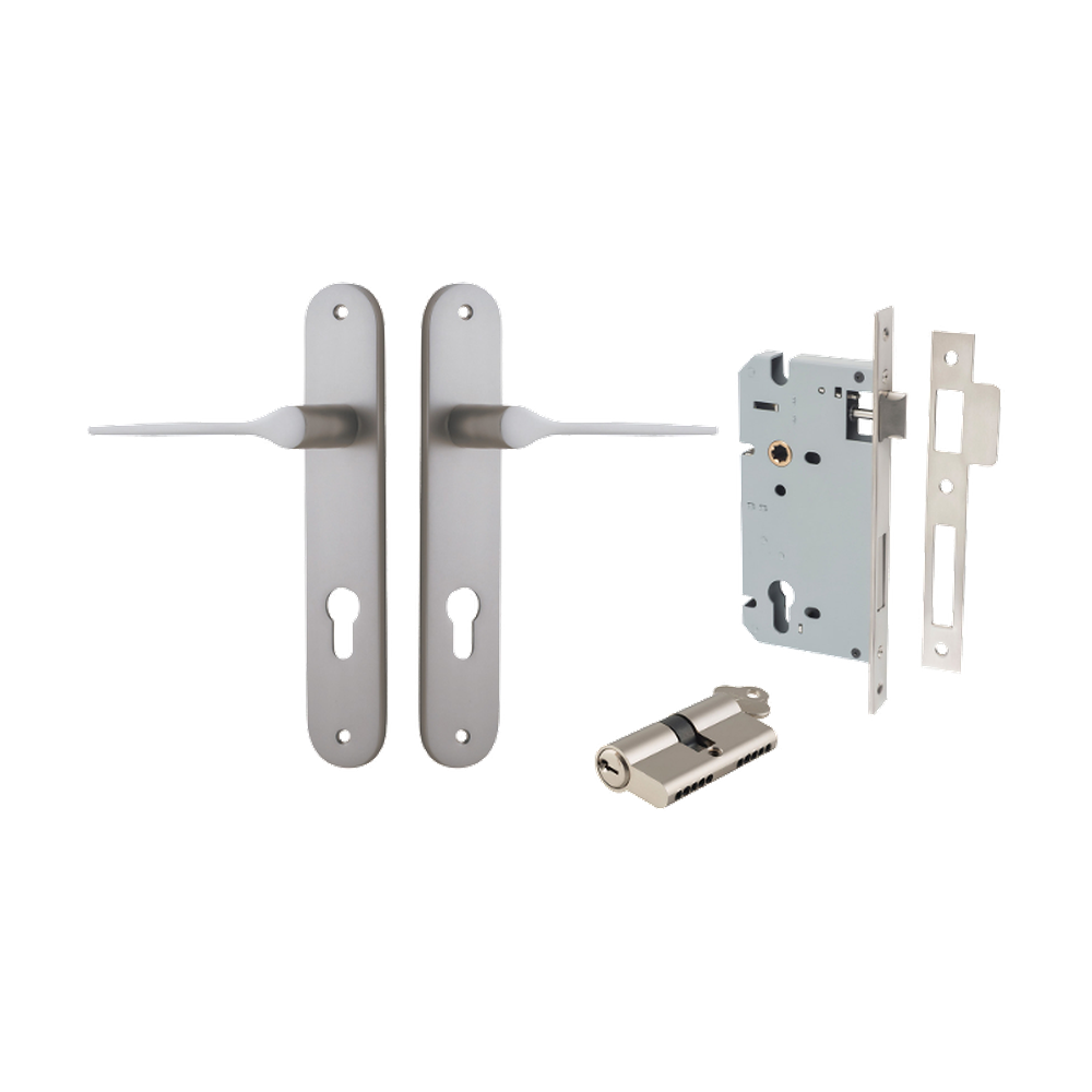 Door Lever Como Oval Euro Pair Satin Nickel CTC85mm L119xP59mm BPH240xW40mm Mortice Lock Euro Satin Nickel CTC85mm Backset 60mm, Euro Cylinder Dual Function 5 Pin Satin Nickel 65mm KA4 in Satin Nickel