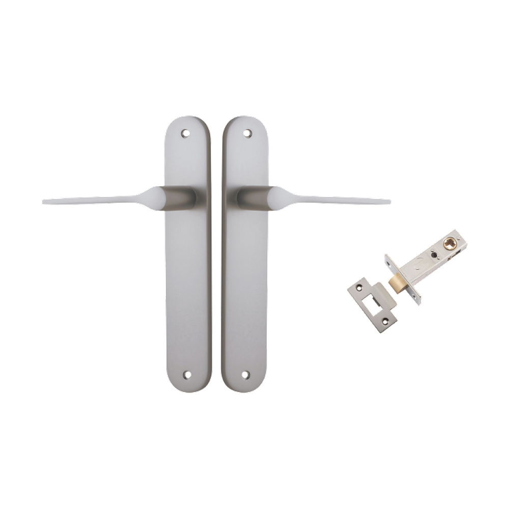 Door Lever Como Oval Satin Nickel L119xP59mm BPH240xW40mm Passage Kit Tube Latch Split Cam 'T' Striker Satin Nickel Backset 60mm in Satin Nickel