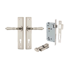Door Lever Sarlat Chamfered Euro Pair Satin Nickel CTC85mm L111xP55mm BPH240xW50mm Mortice Lock Euro Satin Nickel CTC85mm Backset 60mm, Euro Cylinder Key Thumb 5 Pin Satin Nickel 65mm KA4 in Satin Nickel