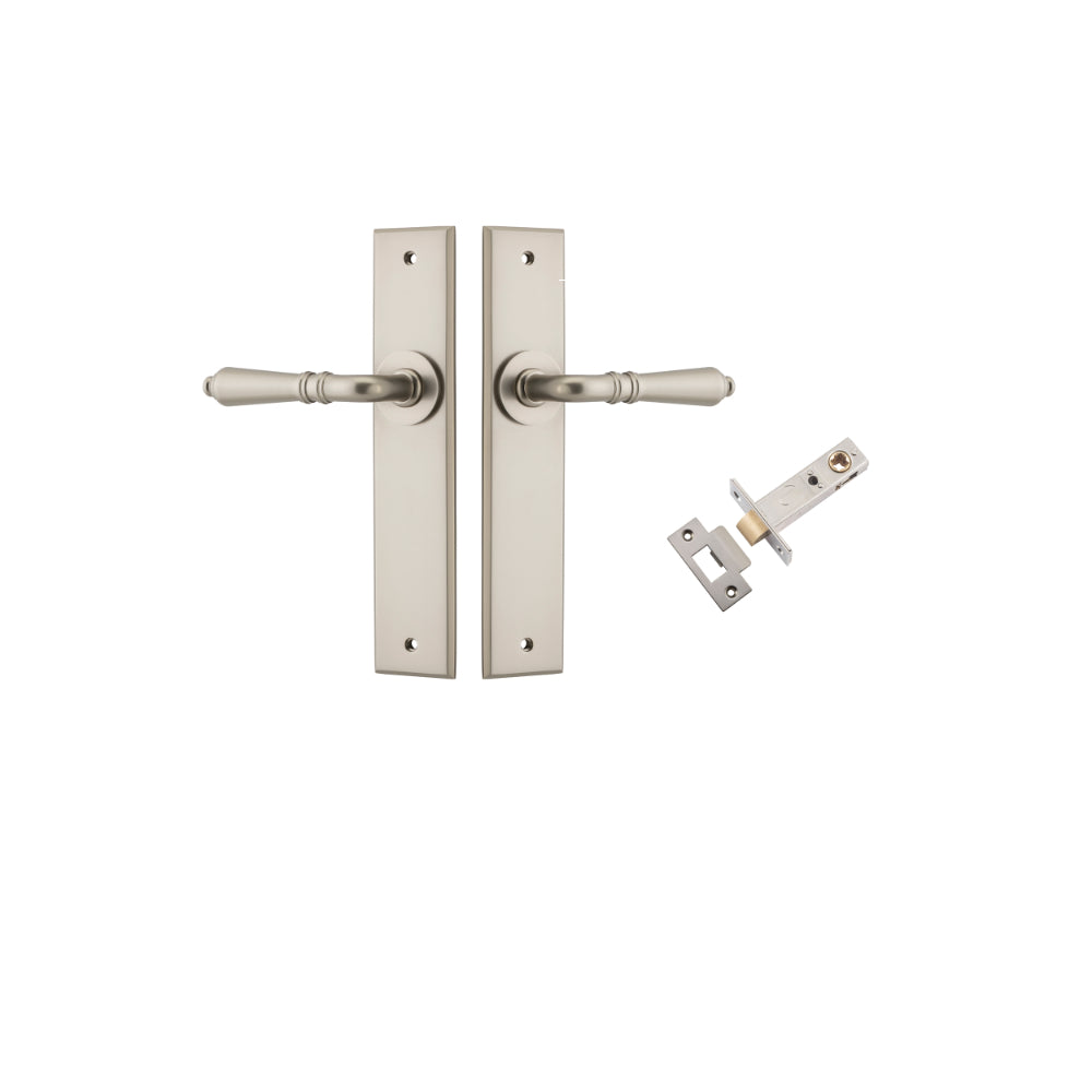 Door Lever Sarlat Chamfered Satin Nickel L111xP55mm BPH240xW50mm Passage Kit Tube Latch Split Cam 'T' Striker Satin Nickel Backset 60mm in Satin Nickel