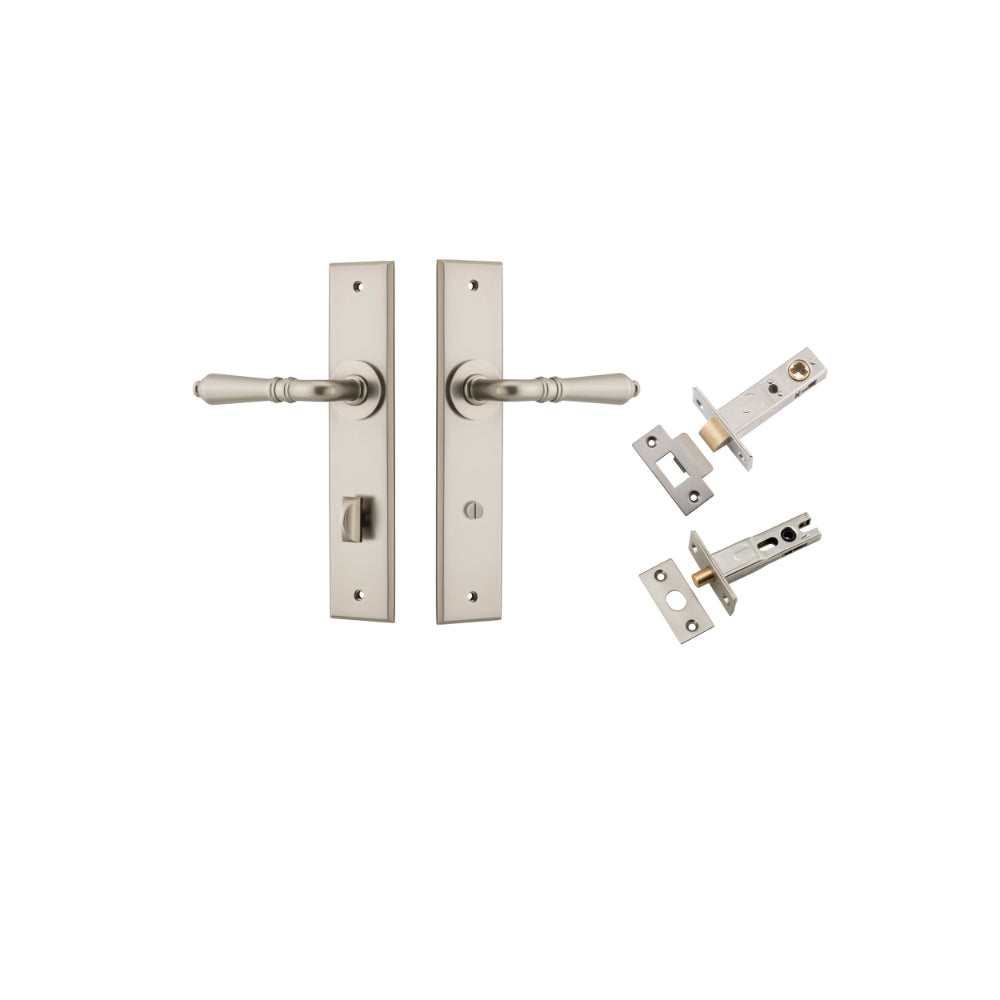 Door Lever Sarlat Chamfered Privacy Satin Nickel CTC85mm L111xP55mm BPH240xW50mm Privacy Kit Tube Latch Split Cam 'T' Striker Satin Nickel Backset 60mm, Privacy Bolt Round Bolt Satin Nickel Backset 60mm in Satin Nickel