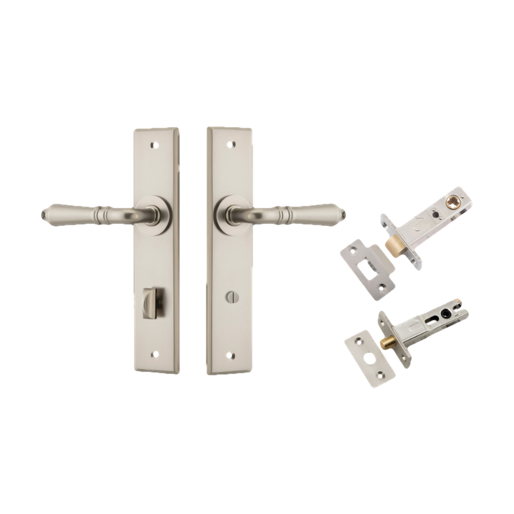Door Lever Sarlat Chamfered Privacy Satin Nickel CTC85mm L111xP55mm BPH240xW50mm Privacy Kit Tube Latch Split Cam 'T' Striker Satin Nickel Backset 60mm, Privacy Bolt Round Bolt Satin Nickel Backset 60mm in Satin Nickel