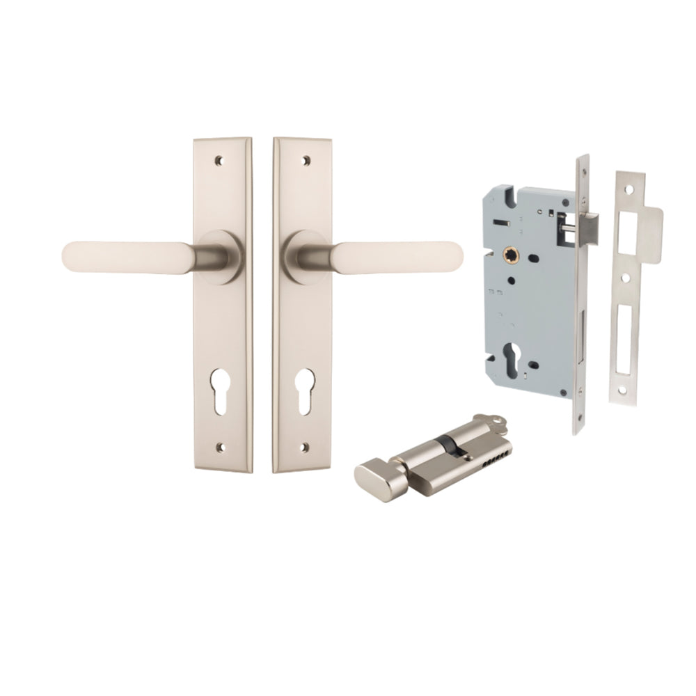 Door Lever Bronte Chamfered Euro Pair Satin Nickel CTC85mm L117xP55mm BPH240xW50mm, Mortice Lock Euro Satin Nickel CTC85mm Backset 60mm, Euro Cylinder Key Thumb 5 Pin Satin Nickel 65mm KA4 in Satin Nickel