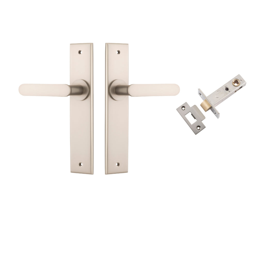 Door Lever Bronte Chamfered Satin Nickel L117xP55mm BPH240xW50mm Passage Kit, Tube Latch Split Cam 'T' Striker Satin Nickel Backset 60mm in Satin Nickel