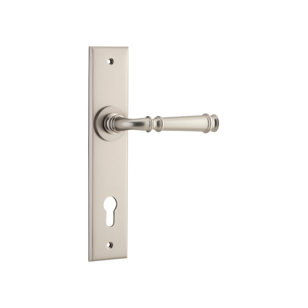 Door Lever Verona Chamfered Euro Satin Nickel CTC85mm H240xW50xP59mm in Satin Nickel