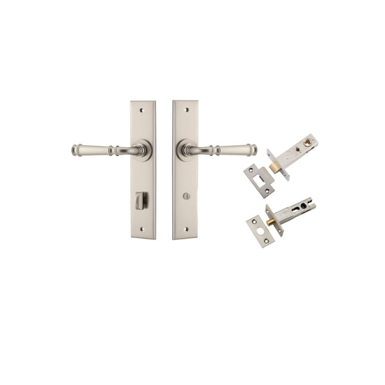 Door Lever Verona Chamfered Privacy Satin Nickel CTC85mm L122xP58mm BPH240xW50mm Privacy Kit Tube Latch Split Cam 'T' Striker Satin Nickel Backset 60mm, Privacy Bolt Round Bolt Satin Nickel Backset 60mm in Satin Nickel