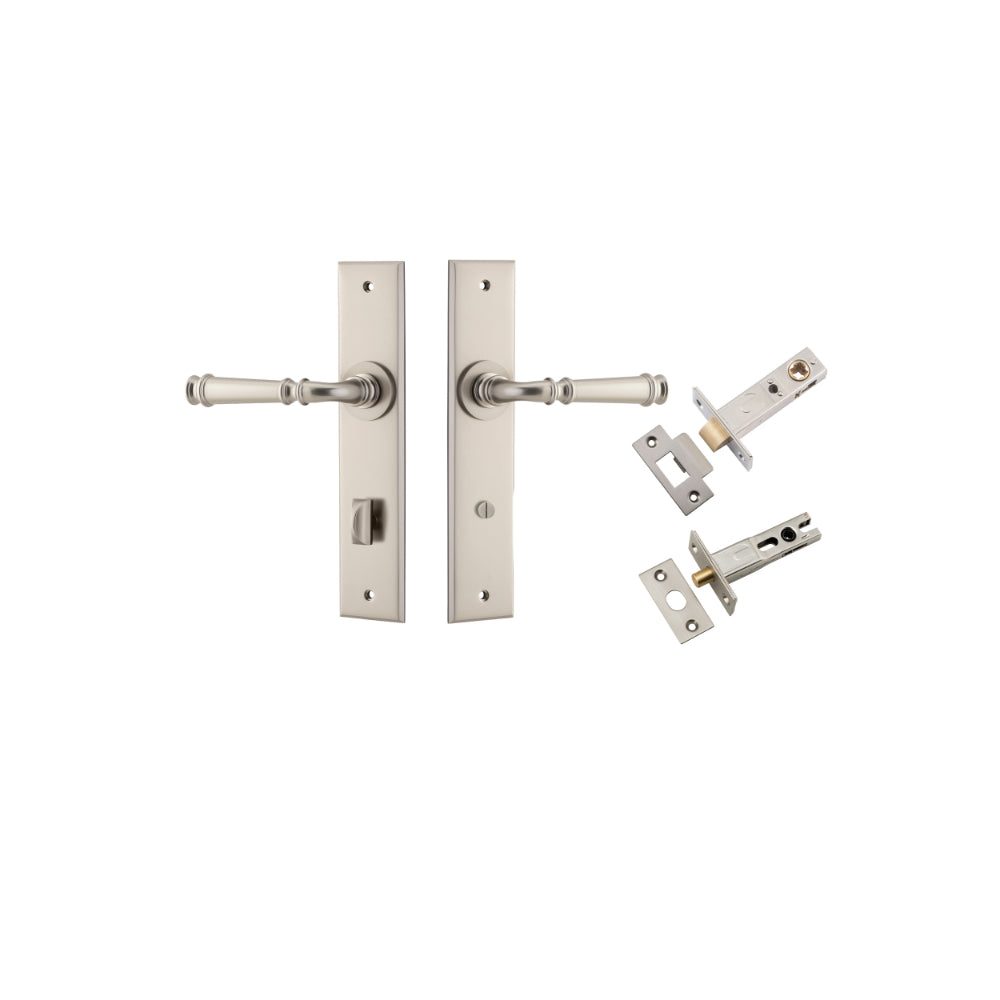 Door Lever Verona Chamfered Privacy Satin Nickel CTC85mm L122xP58mm BPH240xW50mm Privacy Kit Tube Latch Split Cam 'T' Striker Satin Nickel Backset 60mm, Privacy Bolt Round Bolt Satin Nickel Backset 60mm in Satin Nickel