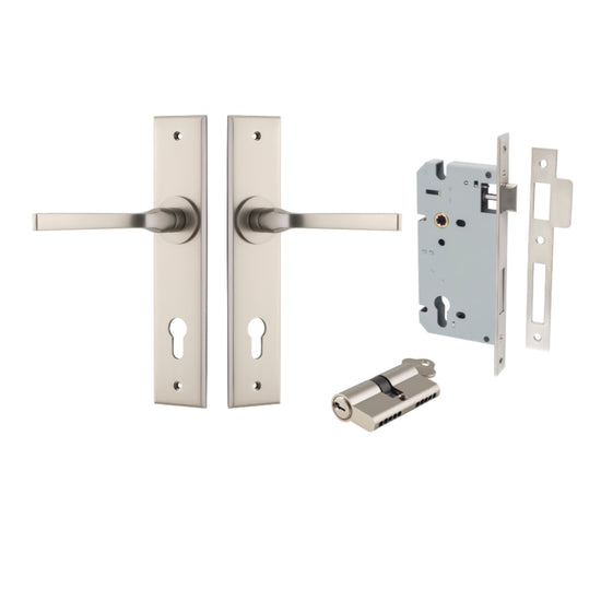 Door Lever Annecy Chamfered Euro Pair Satin Nickel CTC85mm L117xP65mm BPH240xW50mm, Mortice Lock Euro Satin Nickel CTC85mm Backset 60mm, Euro Cylinder Dual Function 5 Pin Satin Nickel 65mm KA4 in Satin Nickel
