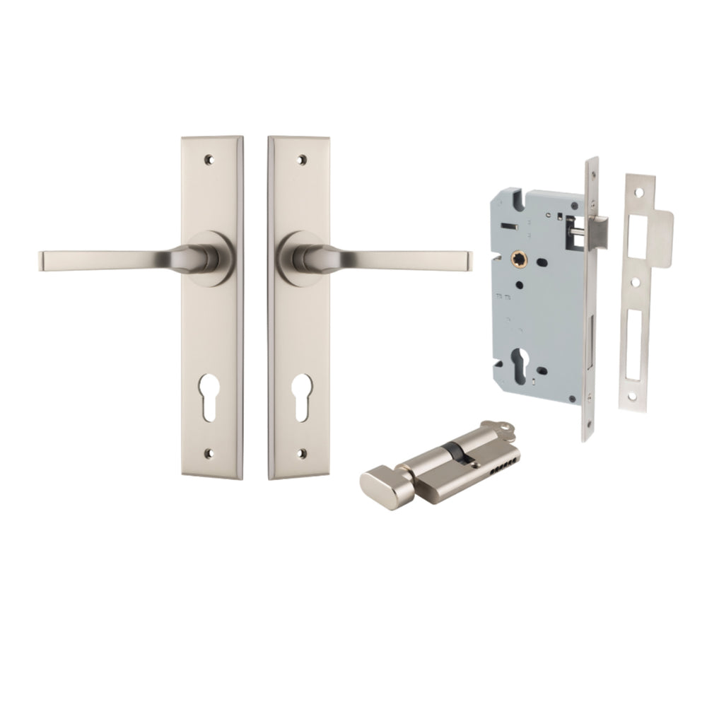 Pair of Iver Annecy lever door handles on chamfered backplates, showcasing sleek metal finish and elegant design.