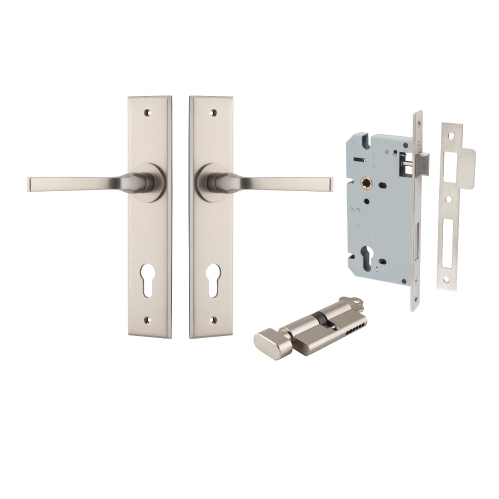 Door Lever Annecy Chamfered Euro Pair Satin Nickel CTC85mm L117xP65mm BPH240xW50mm, Mortice Lock Euro Satin Nickel CTC85mm Backset 60mm, Euro Cylinder Key Thumb 5 Pin Satin Nickel 65mm KA4 in Satin Nickel