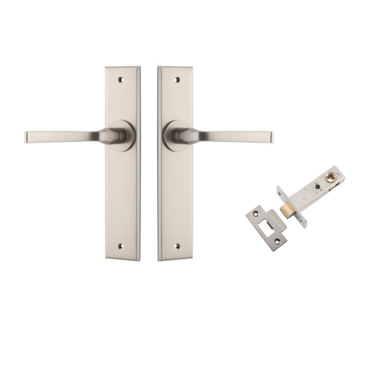 Door Lever Annecy Chamfered Satin Nickel L117xP65mm BPH240xW50mm Passage Kit Tube Latch Split Cam 'T' Striker Satin Nickel Backset 60mm in Satin Nickel