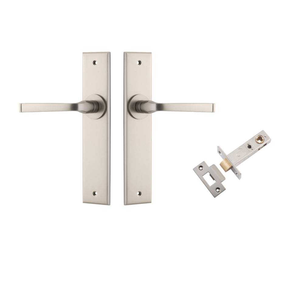 Pair of Iver Annecy lever door handles with chamfered backplates in a sleek, modern design for interior doors.