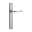 Pair of Iver Oslo Lever handles on rectangular backplates, architectural hardware with a sleek, modern design.