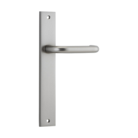 Pair of Iver Oslo Lever handles on rectangular backplates, architectural hardware with a sleek, modern design.