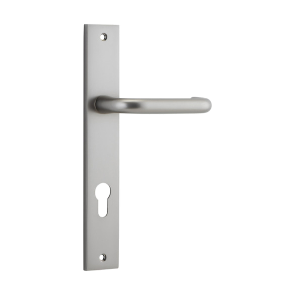 Pair of Iver Oslo Lever handles on rectangular backplates, architectural hardware for doors, in a sleek, modern design.