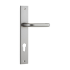 Pair of Iver Oslo Lever handles on rectangular backplates, architectural hardware for doors, in a sleek, modern design.