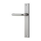 Pair of Iver Oslo lever handles on rectangular backplates, architectural hardware for doors, in a sleek modern design.