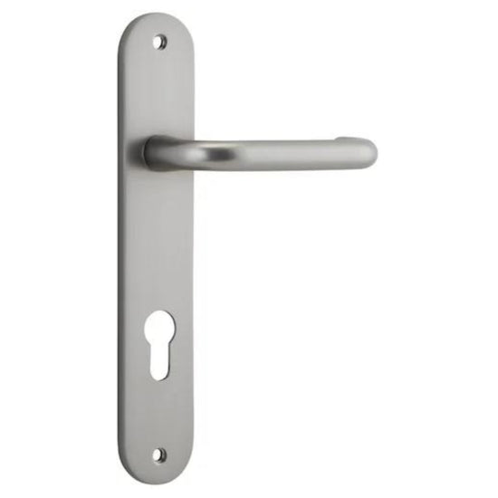 Door Lever Oslo Oval Euro Pair Satin Nickel CTC85mm L120xP54mm BPH240xW38mm Mortice Lock Euro Satin Nickel CTC85mm Backset 60mm, Euro Cylinder Key Thumb 5 Pin Satin Nickel 65mm KA4 in Satin Nickel