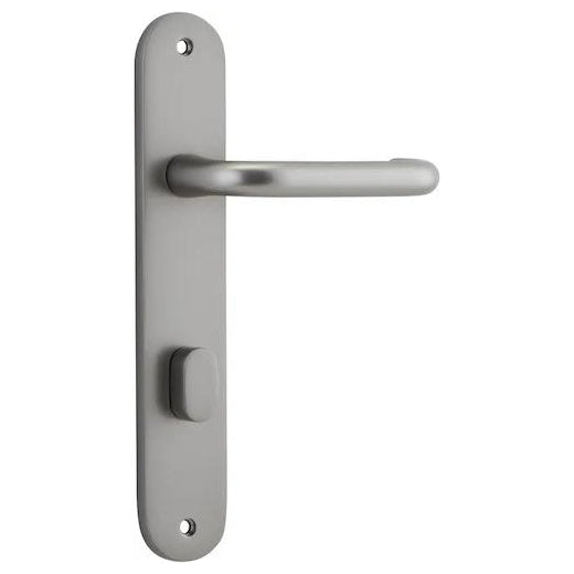 Door Lever Oslo Return Oval Privacy Satin Nickel CTC85mm L118xP56mm BPH240xW50mm Privacy Kit Tube Latch Split Cam 'T' Striker Satin Nickel Backset 60mm, Privacy Bolt Round Bolt Satin Nickel Backset 60mm in Satin Nickel