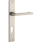 Pair of Iver Baltimore return levers with rectangular backplates, showing polished metal finish and detailed design on each lever.