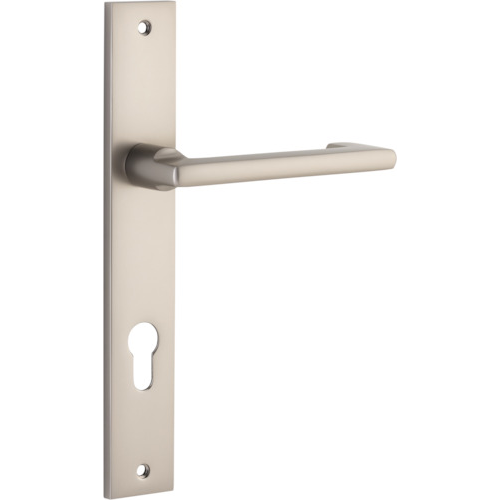 Pair of Iver Baltimore return levers with rectangular backplates, showing polished metal finish and detailed design on each lever.