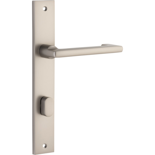 Pair of Iver Baltimore return lever handles on rectangular backplates, with keyhole cutouts and polished chrome finish.
