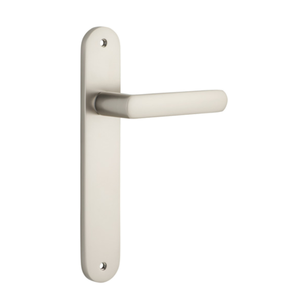 Door Lever Osaka Oval Latch Pair Satin Nickel H240xW40xP55mm in Satin Nickel