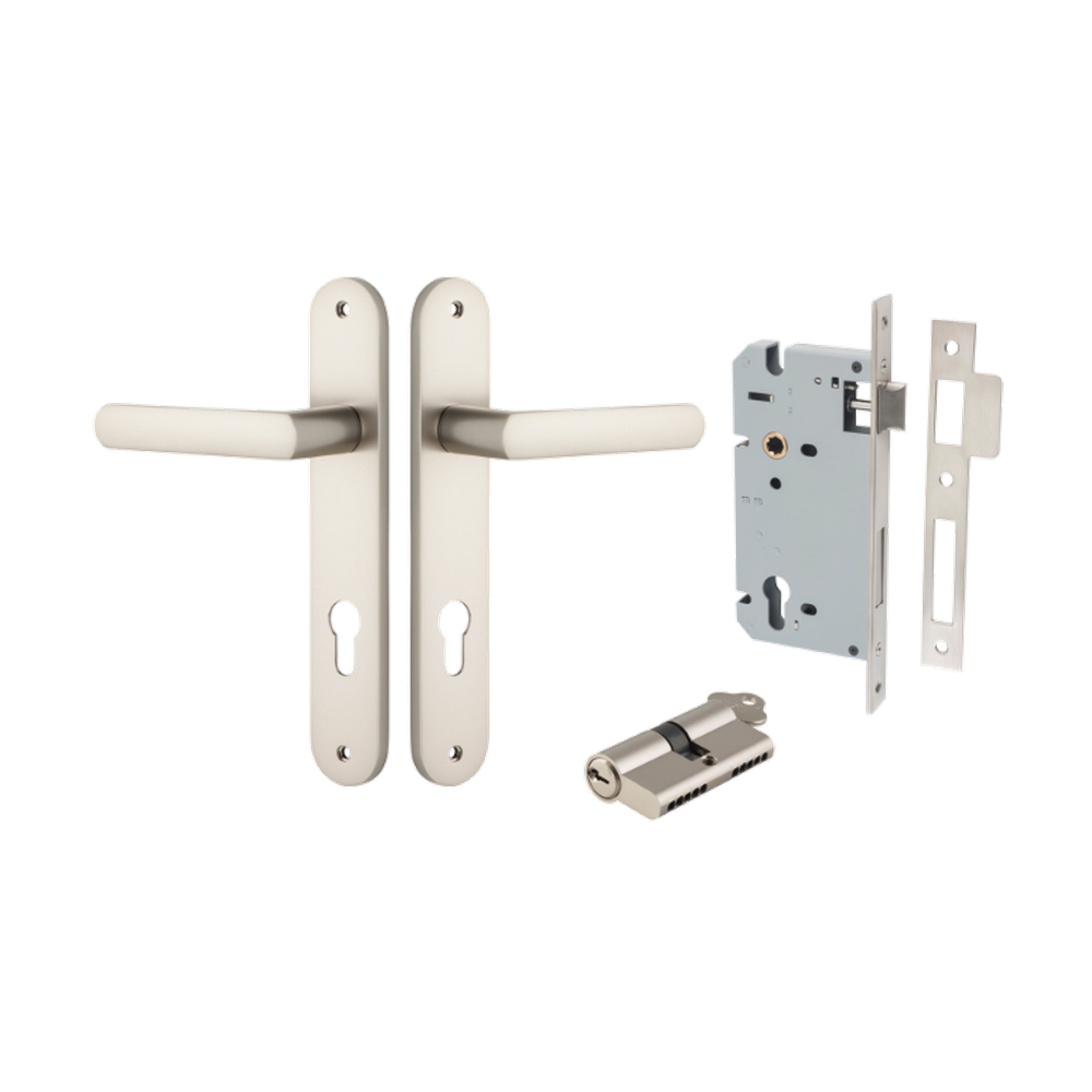 Door Lever Osaka Oval Euro Pair Satin Nickel CTC85mm H240xW40xP55mm Entrance Kit Mortice Lock Euro Satin Nickel CTC85mm Backset 60mm, Euro Cylinder Dual Function 5 Pin Satin Nickel L65mm KA1 in Satin Nickel