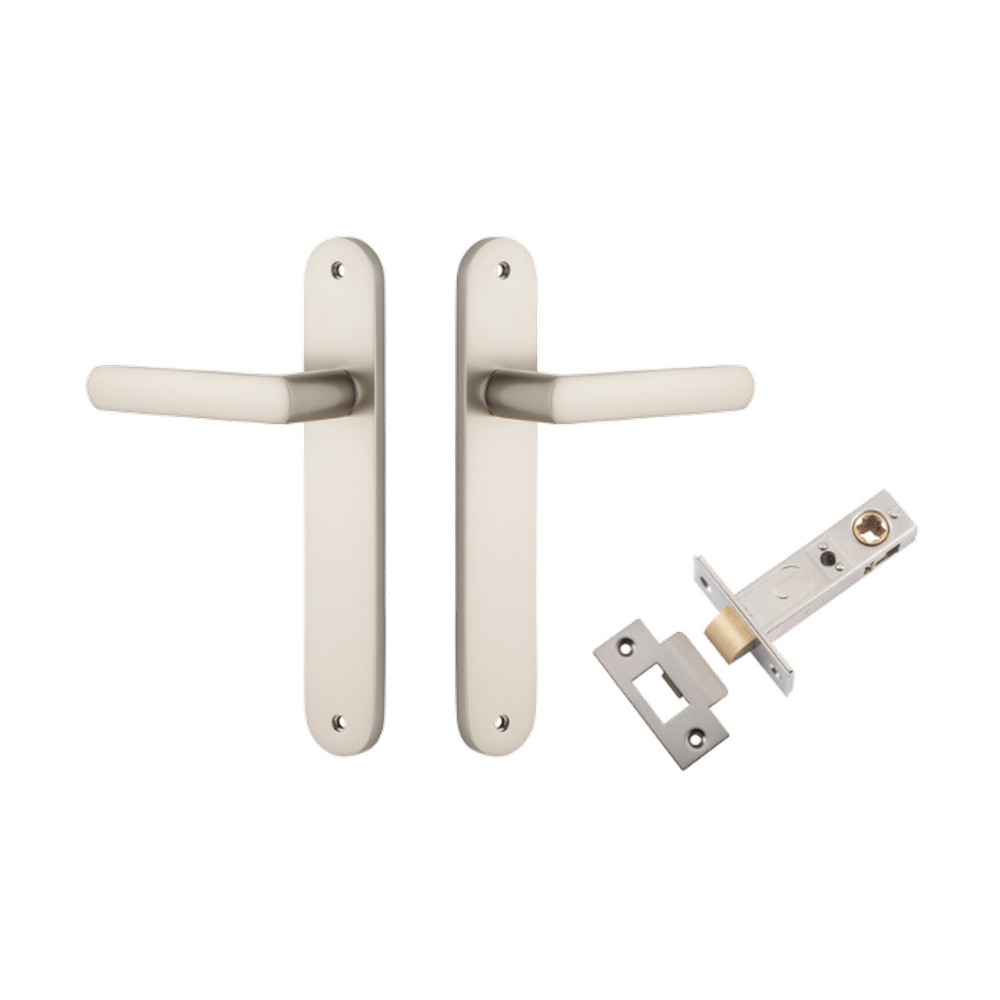 Door Lever Osaka Oval Latch Pair Satin Nickel H240xW40xP55mm Passage Kit Tube Latch Split Cam 'T' Striker Satin Nickel Backset 60mm in Satin Nickel